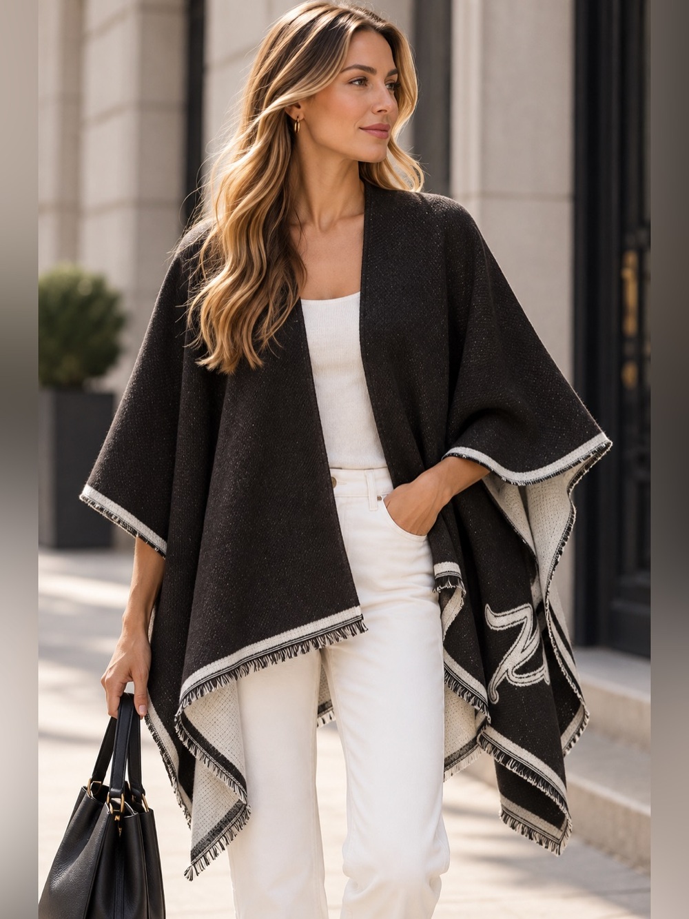 Karl Lagerfeld Black and White Reversible Shawl Cape